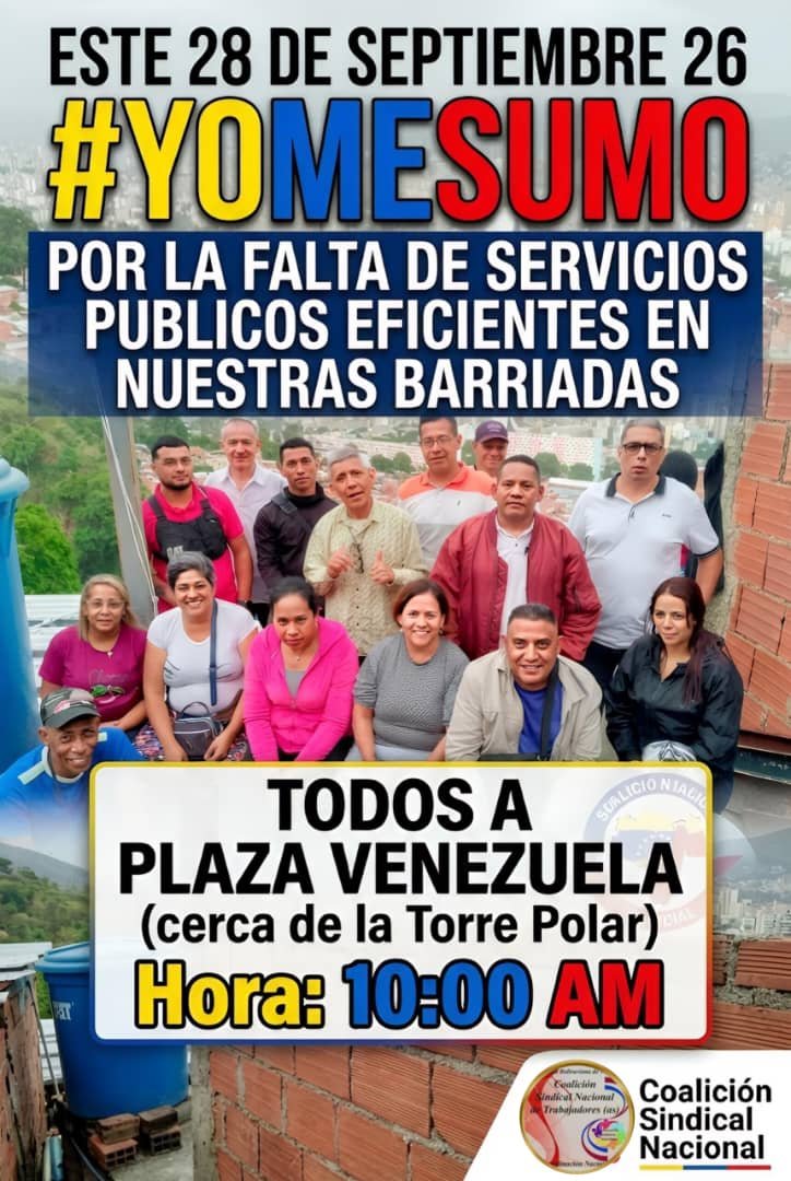coalicionsind's tweet photo. MAÑANA #28SEP SUMATE A LAS MOVILIZACIONES DE PROTESTA EN TODA VENEZUELA 
#Comparte 
#YoMeSumo 
#CALLEYLUCHA https://t.co/ehN60f8iqt
