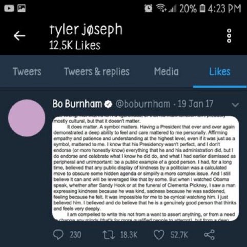 starspilots's tweet photo. gostaria de deixar esse print do tyler curtindo tweet de hate pro tr*mp, boa noite a todos que saem por aí falando que ele super apoiaria um bolsonar0. https://t.co/irNu1dUT0A