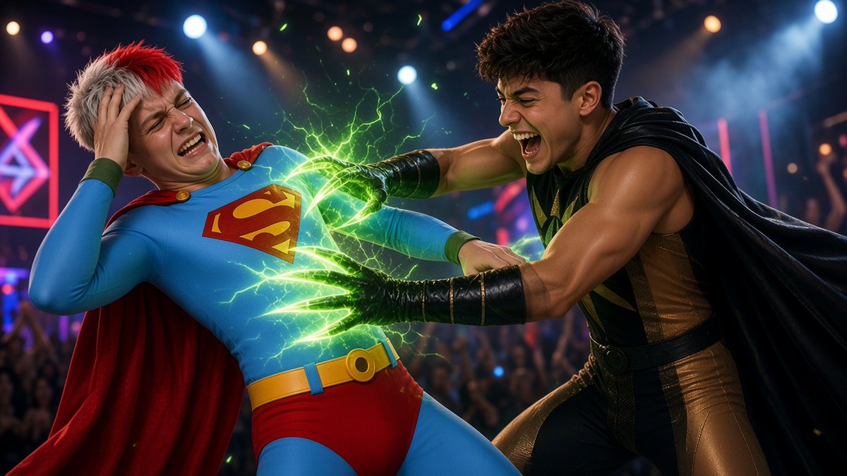 jintor69's tweet photo. NuclearKai place his glowing electrified kryptonite claws on SuperJJ's chest near belt.
#superman #superboy #nuclearman #nuclearboy #kriptonite #cosplay #heroinperil https://t.co/pu2jGburWu