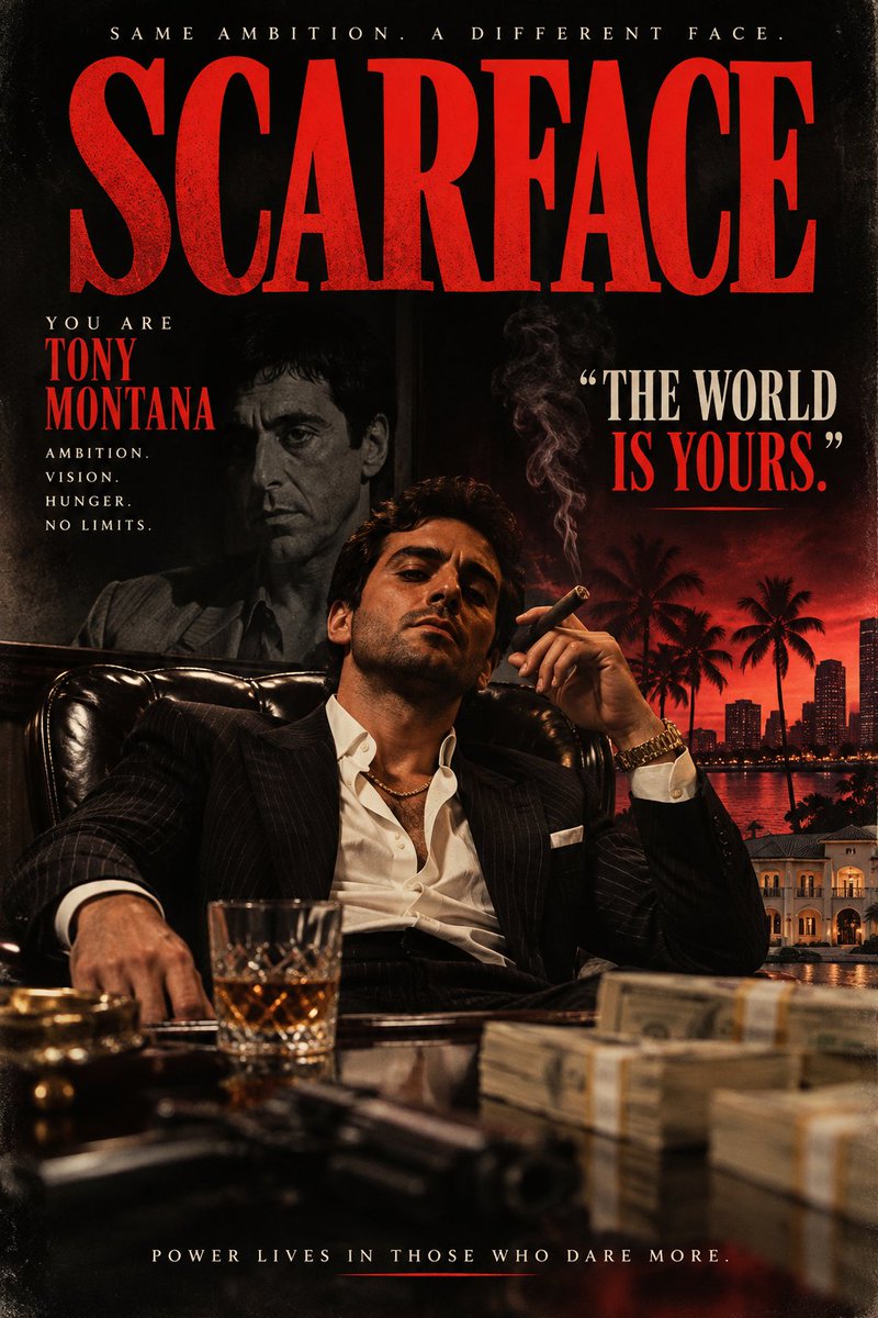 ItzSamSaidIt's tweet photo. From you know of me, taking the theme of the movie Scarface, which character would I be, and what would be my quote of the movie? Put the answer in a cinematic poster. 

#Scarface #TonyMontana #TheWorldIsYours #MovieInspired #CinematicPoster #MainCharacterEnergy #Ambition #PowerMoves #BuiltDifferent #BasedBengali #CinematicArt #MovieAesthetic #Mindset #Legacy #NoLimits