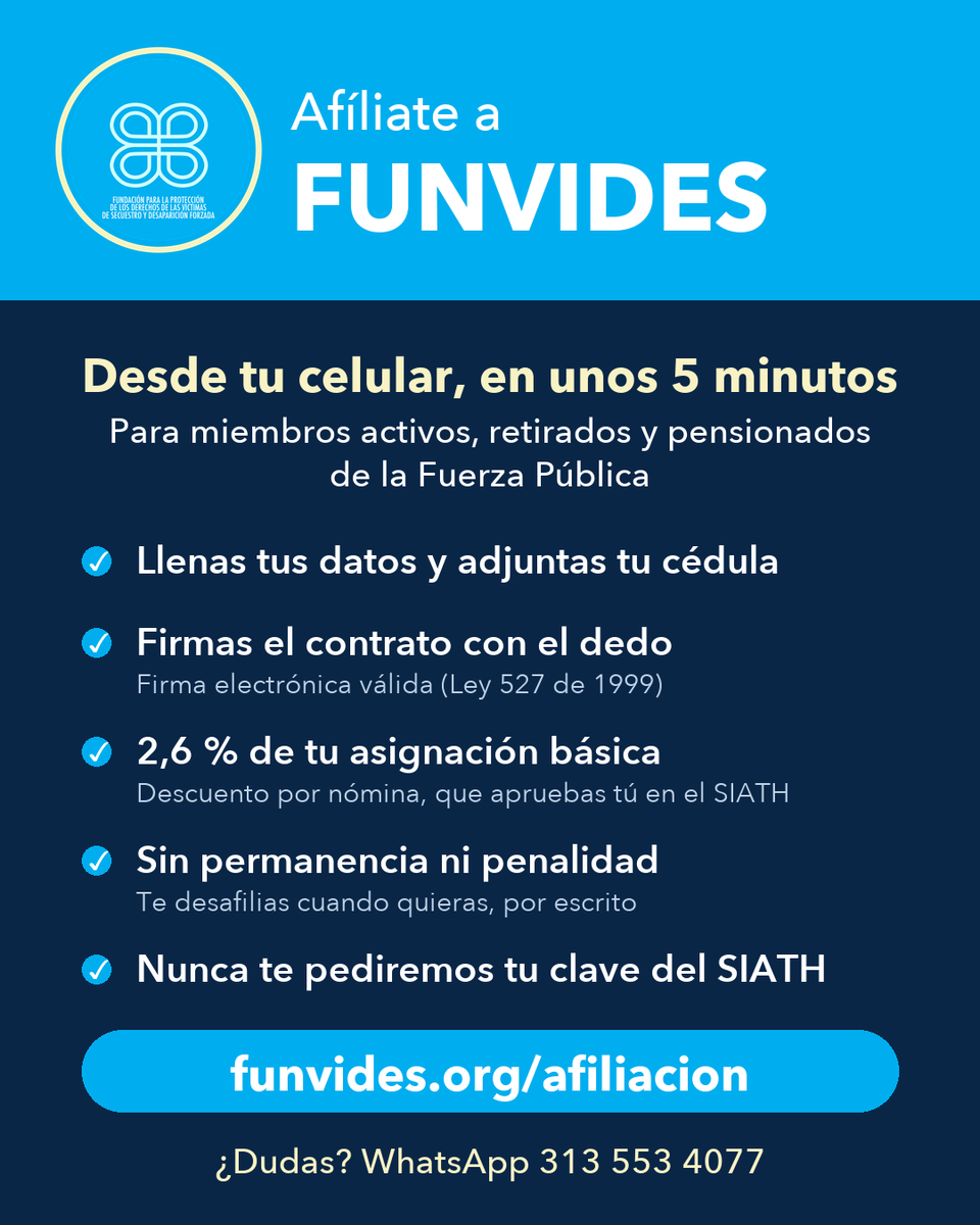 FUNVIDES1's tweet photo. 🇨🇴 Militares y policías: afíliate a FUNVIDES desde tu celular, en unos 5 minutos.

✅ Firma electrónica del contrato
✅ 2,6 % de tu asignación básica, por nómina
✅ Sin permanencia ni penalidad
🔒 Nunca te pediremos tu clave del SIATH

👉 https://t.co/8Azp8sMg36 https://t.co/1sqJYD7KpH