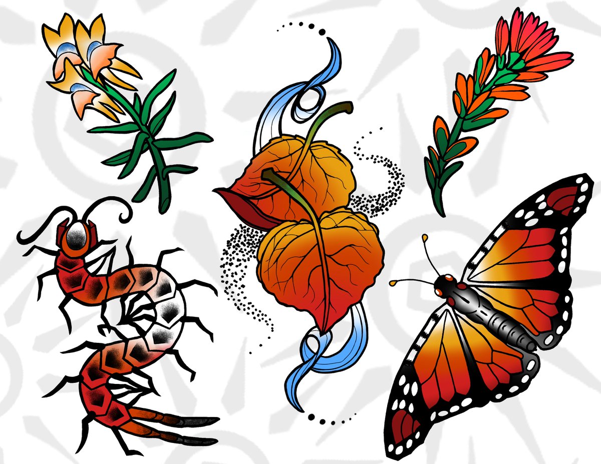 lysstripes's tweet photo. Autumn colors in bits and bugs~ π¦π
#leafpeeping #centipedetattoo #butterfly #fallingleaves #wildflowers toadflax snapdragons and scarlet paintbrush monarch aspen birch leaves creepy crawly cozy apprentice tattoo flash https://t.co/U0P2gunEiT