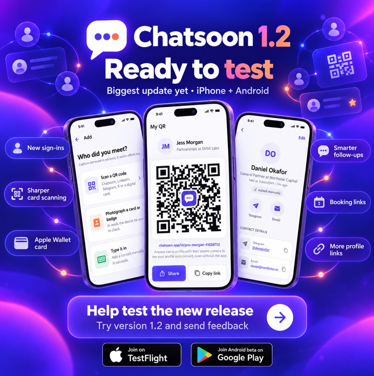 astroboysoup's tweet photo. Chatsoon 1.2 is ready to test 🎉 (iPhone and Android)

Thanks for helping test Chatsoon, the networking app for events. Version 1.2 is our biggest update yet:

⭐️ Sign in with Apple, Google, LinkedIn or Discord. No more waiting for email codes, unless you prefer them.
⭐️Follow-ups: Chatsoon reminds you who's due, based on their priority, and drafts a message from your notes. Send it on WhatsApp, text, email or LinkedIn in one tap.
⭐️Add your card to Apple Wallet: open your QR code straight from your lock screen. Google Wallet is waiting on Google's approval. The button should work, but it will show TEST in the name.
⭐️Sharper business card scanning. Extra details land in the contact's notes.
⭐️Booking links: add your Calendly (or similar) so people can book time with you.
⭐️Share your mobile, WhatsApp and Signal with people you connect with.
⭐️Connected accounts: link your socials in Me → Connected accounts.
⭐️Plus: a quick tour for new users, and a check before connecting when you scan someone's Chatsoon QR code.

📱 iPhone

1⃣New tester: install TestFlight from the App Store, open https://t.co/O5YDBKTGHX, tap Accept, then Install.
2⃣Already testing: open TestFlight → Chatsoon → Update (version 1.2.0).

🤖 Android

1⃣ Join our testers group with the same Google account your Play Store uses: https://t.co/4v2NbJyHul
2⃣ Opt in to testing: https://t.co/ZWh0wDoL8M
3⃣ Install or update from the Play Store: https://t.co/UNP0qTzkvF

If the Play Store says the app isn't available, wait a few minutes after joining the group, and make sure you're signed in to the Play Store with that same Google account.

🧪 Please try

1⃣ Sign out, then sign in with Apple, Google, LinkedIn or Discord.
2⃣ Scan someone's QR code, business card or event badge.
3⃣ Open a contact, set a priority, and tap Follow up.
4⃣ My QR → Add to Apple Wallet (iPhone).
5⃣ Add a booking link or your WhatsApp to your profile, then view your public page.

💬 Found a bug? 

On iPhone, take a screenshot and tap Share Beta Feedback in TestFlight. 

On Android, email hello@chatsoon.app with a screenshot and your phone model.