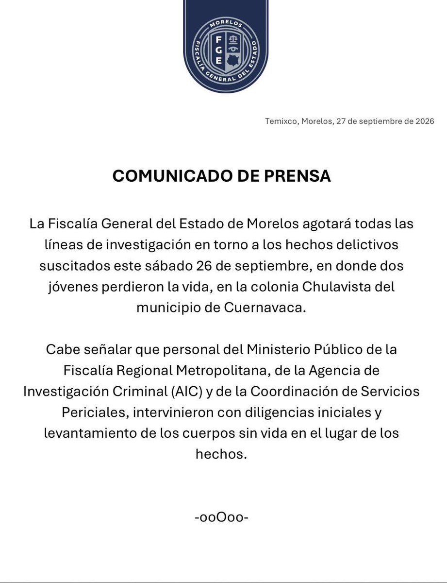 VILLALVAZO13's tweet photo. Dos jóvenes estudiantes de la Prepa 2 de la Universidad Autónoma del Estado de Morelos fueron asesinados a balazos este sábado en Cuernavaca. https://t.co/JtBdAfNRsp