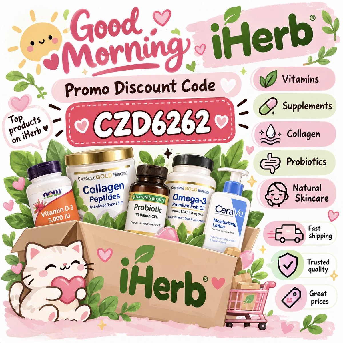 zen5iherb5code's tweet photo. Good morning 

iHerb Promo Discount Code 🤍

🔘☑️ CZD6262 ☑️🔘

Shop your favorites:
✨ Vitamins
✨ Supplements
✨ Collagen
✨ Skincare

#iHerb #DiscountCode #Vitamins https://t.co/fvq1960oyT