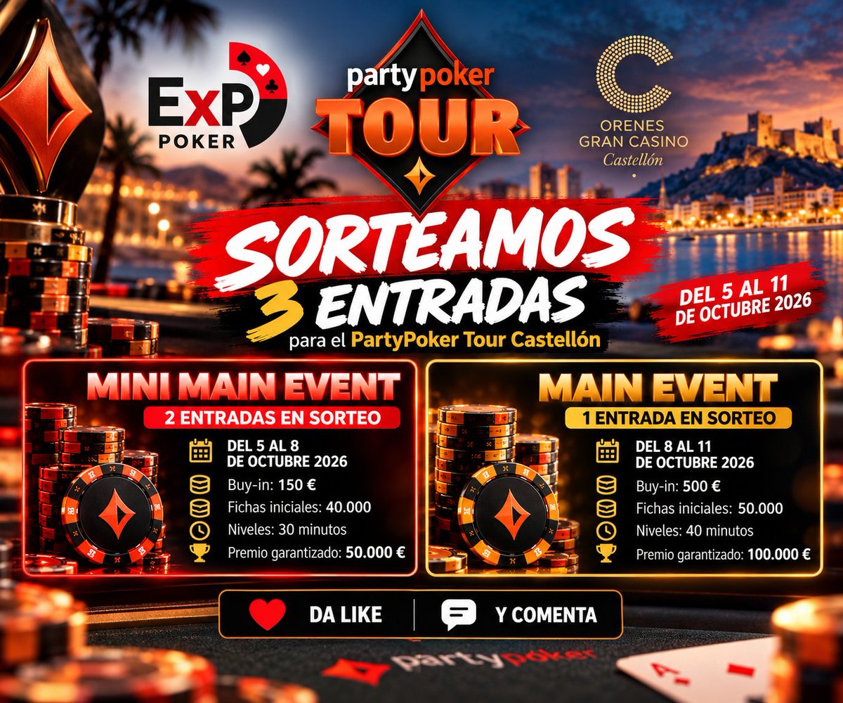 expepoker's tweet photo. ♠️ ¿Quieres jugar el @partypoker Tour en @CasinoCastellon?
🎟️ Nosotros ponemos las entradas:
🔥 2 Mini Main + 1 Main Event
❤️ Like + 💬 comentario = participación
👉 Bases: https://t.co/SvFTyGYgoP
#PartyPokerTour #ExperienciaPoker #PokerEspaña https://t.co/0h2VWnFkcN