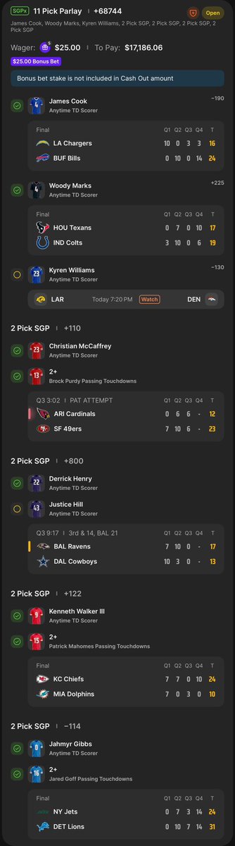 EdgeTheoryPlays's tweet photo. PLEASE JUSTICE HILL 😭🙏🏽🙏🏽🙏🏽

Then we wait on Kyren Williams later… 👀

$25 ➡️ $17,186 😭💰

I’M WAY TOO CLOSE FOR THIS 💀🔥 #NFL #SportsBetting #EdgeTheory https://t.co/0Gpw8noVZc