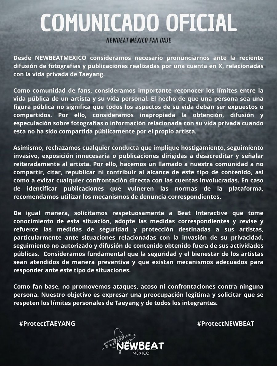 newbeatmexico's tweet photo. 📢COMUNICADO OFICIAL DE LA FAN
BASE NEWBEATMEXICO

A través de este comunicado, expresamos nuestra preocupación у hacemos un llamado al respeto de la privacidad. 

Atentamente:
NEWBEATMEXICO 

#ProtectNEWBEAT #ProtectTAEYANG https://t.co/OSSGteLu9f