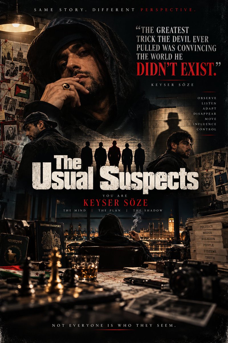 ItzSamSaidIt's tweet photo. From you know of me, taking the theme of the movie The Usual Suspects, which character would I be, and what would be my quote of the movie? Put the answer in a cinematic poster. 

#TheUsualSuspects #KeyserSoze #WhoIsKeyserSoze #CinematicPoster #MovieInspired #Mastermind #PlotTwist #MindGames #PsychologicalThriller #NoirAesthetic #MainCharacterEnergy #ObserveEverything #ReadTheRoom #BasedBengali #CinematicArt