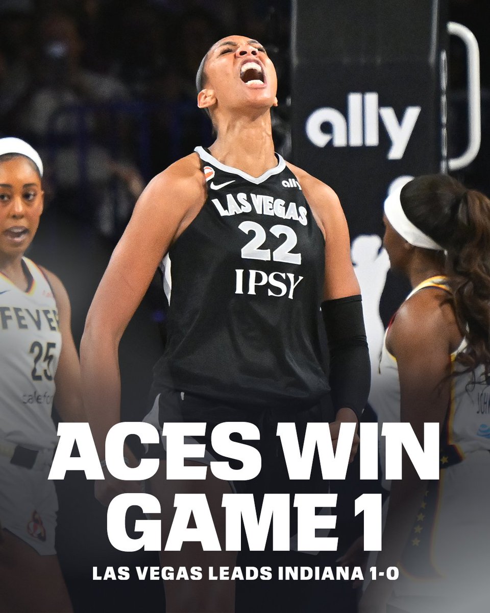 espn's tweet photo. A'JA WILSON AND THE ACES UNDENIABLE IN GAME 1 🔥

Las Vegas beat Indiana by 17 PTS to go up 1-0 in the series. https://t.co/Un5DhotFYU