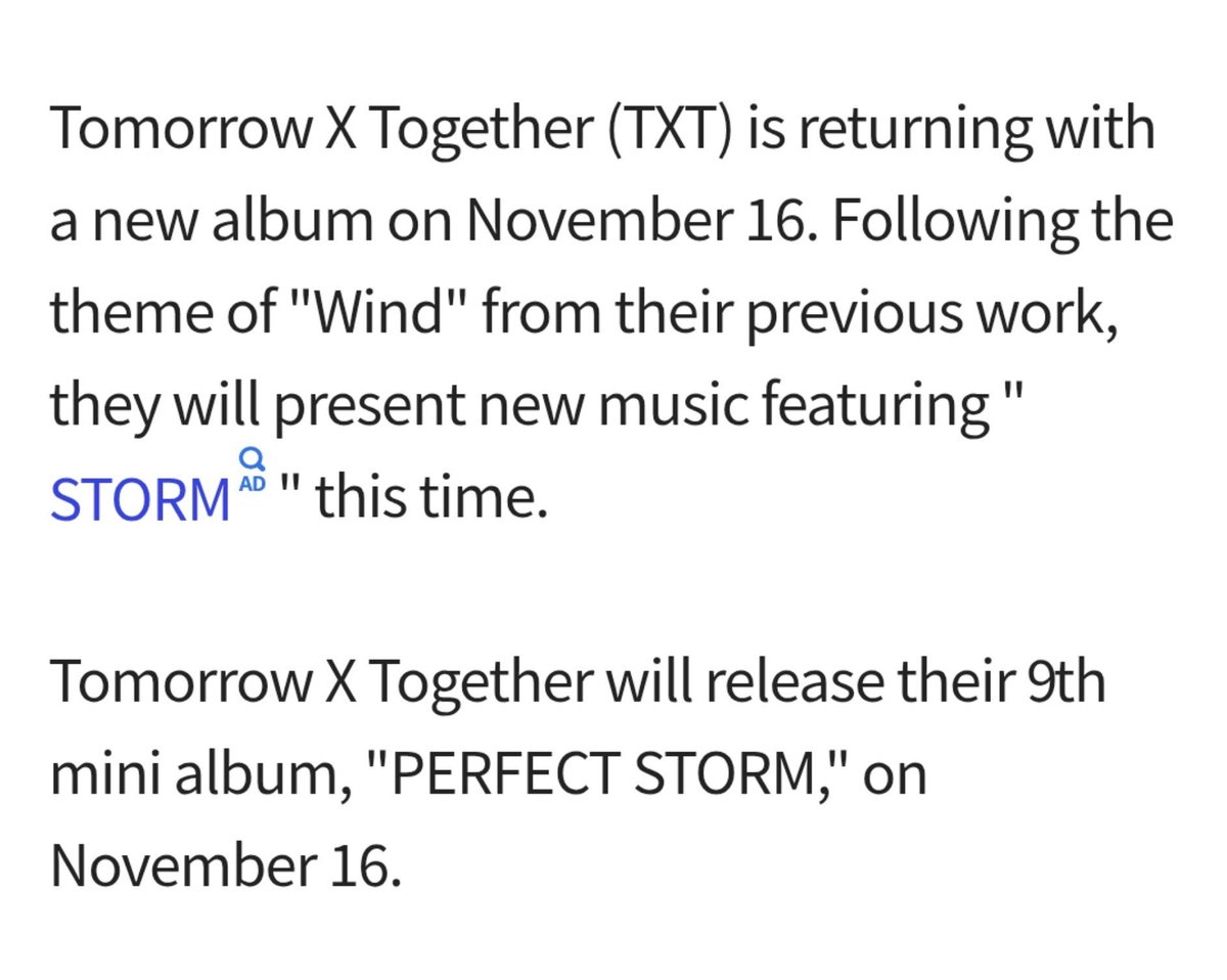 txtdom's tweet photo. Tomorrow X Together will release their 9th mini album, "PERFECT STORM," on November 16

PERFECT STORM will contain a total of six tracks. Further details will be revealed later via Weverse, and pre-downloading of the new album will begin on Spotify starting at 1 PM on the 28th. https://t.co/6TVrv1IszG