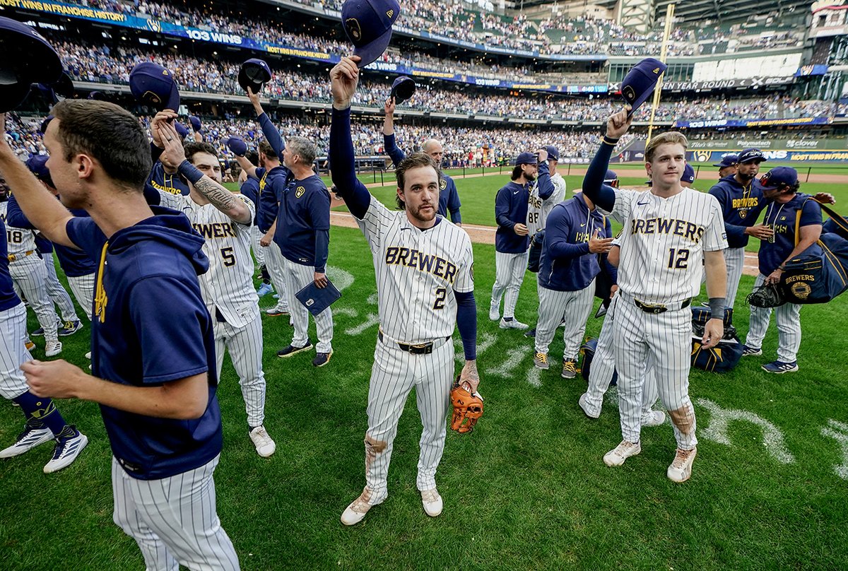 Brewers's tweet photo. 103 wins. Our 4th straight division title. All with you by our side.

To Wisconsin and Brewers fans everywhere: we love you 💙 https://t.co/uIyeGTYK9E