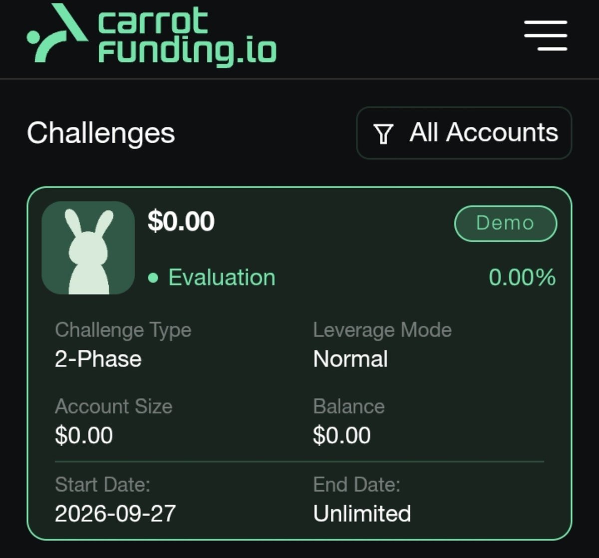D4rylf's tweet photo. Your Dashboard on @CarrotFunding is where you find your trading account details and track your progress.

It's also where you trade from... On the platform.

For the trading account details, you can see the challenge type (whether 2-Phase or 1-Phase), leverage mode, account size, balance, start date, and end date.

When you create a CarrotFunding account, a demo account is created alongside it. That's the start date of the account, while the end date is unlimited.

But what's strange is that the demo account has a $0 balance.

And what's even stranger is that you can't change the balance, at least I couldn't when I tried.

A demo account should be useful for testing and getting a feel for the platform's execution and overall experience.

But if you can't actually trade on it, that kind of defeats the purpose.

I hope something is done about this.

Then on the leverage mode side, it was written 'normal'... I wonder if that means 5× or no leverage 👀

You can also filter the trading accounts you have into these categories:
Active, Inactive, Frozen, Evaluation, Verification, and Funded.

Now, that Verification filter might be somewhat confusing, but it simply refers to the second phase of a 2-Phase account.

Phase 1 is called Evaluation, while Phase 2 is called Verification.

And with that, I'll leave the other parts of the Dashboard for the next post, before this turns into a block of text that'll bore you out 🥲