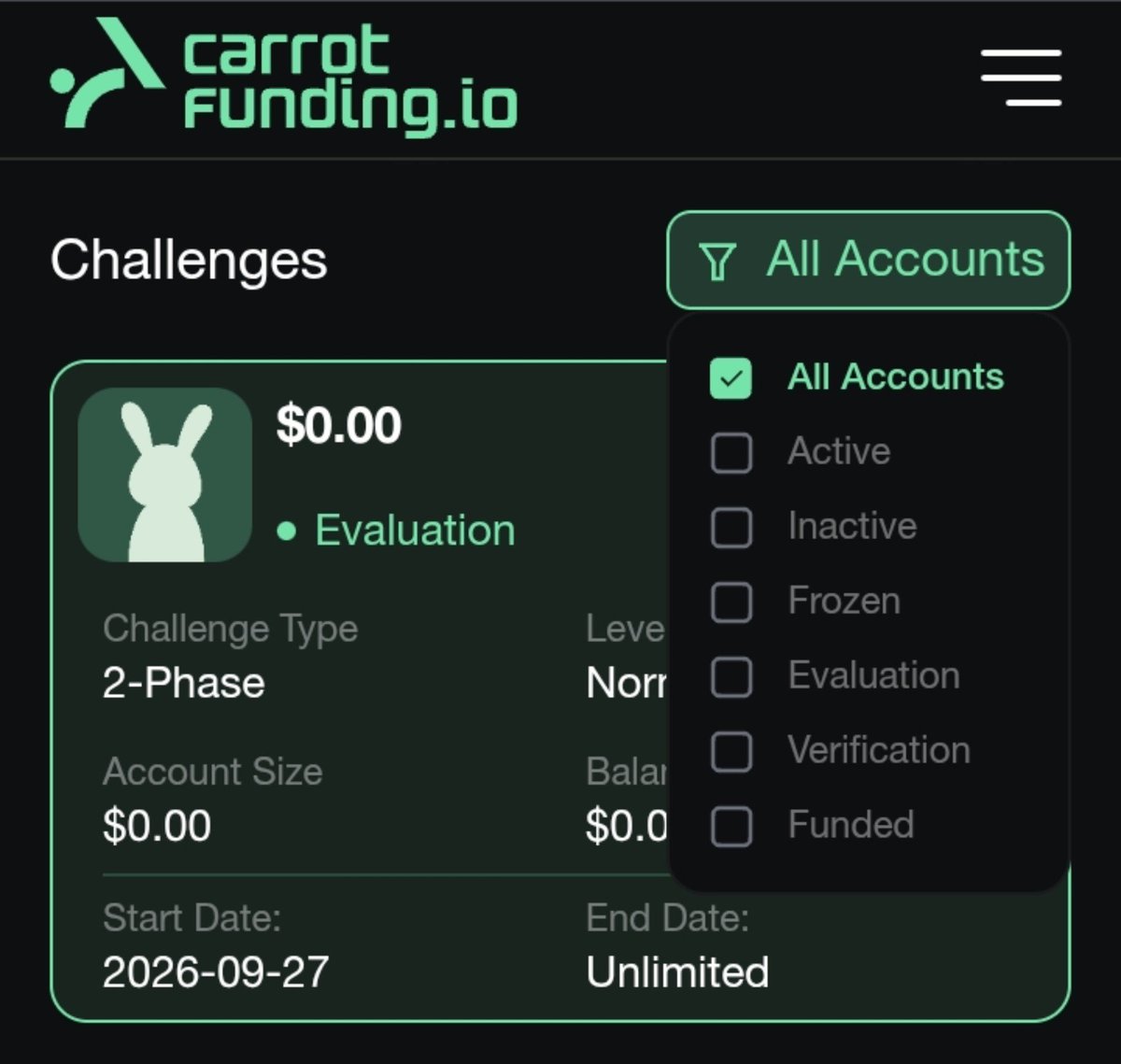 D4rylf's tweet photo. Your Dashboard on @CarrotFunding is where you find your trading account details and track your progress.

It's also where you trade from... On the platform.

For the trading account details, you can see the challenge type (whether 2-Phase or 1-Phase), leverage mode, account size, balance, start date, and end date.

When you create a CarrotFunding account, a demo account is created alongside it. That's the start date of the account, while the end date is unlimited.

But what's strange is that the demo account has a $0 balance.

And what's even stranger is that you can't change the balance, at least I couldn't when I tried.

A demo account should be useful for testing and getting a feel for the platform's execution and overall experience.

But if you can't actually trade on it, that kind of defeats the purpose.

I hope something is done about this.

Then on the leverage mode side, it was written 'normal'... I wonder if that means 5× or no leverage 👀

You can also filter the trading accounts you have into these categories:
Active, Inactive, Frozen, Evaluation, Verification, and Funded.

Now, that Verification filter might be somewhat confusing, but it simply refers to the second phase of a 2-Phase account.

Phase 1 is called Evaluation, while Phase 2 is called Verification.

And with that, I'll leave the other parts of the Dashboard for the next post, before this turns into a block of text that'll bore you out 🥲
