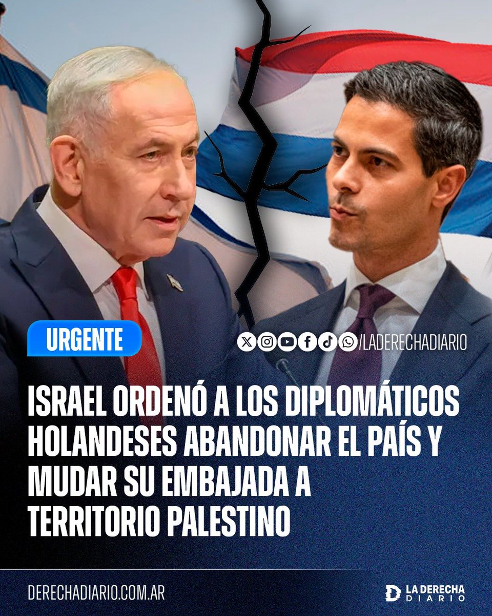laderechadiario's tweet photo. 🚨🇮🇱🇳🇱🇵🇸 | ISRAEL ROMPIÓ RELACIONES DIPLOMÁTICAS CON HOLANDA: EL CANCILLER ORDENÓ A LOS DIPLOMÁTICOS HOLANDESES ABANDONAR EL PAÍS Y MUDAR SU EMBAJADA A TERRITORIO PALESTINO

La decisión se produjo después de que Países Bajos prohibiera la importación y venta de productos provenientes de Judea y Samaria, Jerusalén Este y los Altos del Golán. Israel dio siete días a los diplomáticos holandeses que operan en Ramala para devolver la documentación diplomática emitida por el Estado israelí.

Una vez vencido ese plazo, perderán los privilegios e inmunidades otorgados por Israel. Jerusalén advirtió que, si Países Bajos quiere mantener su representación ante los palestinos, deberá hacerlo desde territorio de la Autoridad Palestina y no desde territorio israelí.

“Cualquier país que actúe de manera hostil y unilateral contra Israel perderá influencia y relevancia en la región”. 

“También reitero la urgente necesidad de abordar el creciente antisemitismo y la incitación que se ve abiertamente en las calles de los Países Bajos. No solo este antisemitismo y esta incitación no están siendo abordados seriamente, sino que las políticas antiisraelíes del Gobierno holandés los están avivando”.