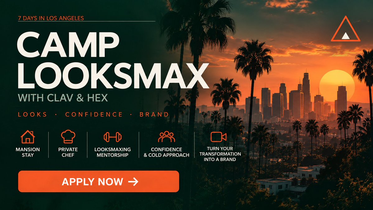 LooksmaxMe's tweet photo. CAMP LOOKSMAX IS COMING TO LOS ANGELES 🌴

7 days living with Clav &amp; Hex in an LA mansion.

🏠 Mansion stay
👨‍🍳 Private chef
🧬 Looksmaxxing mentorship
🗣️ Confidence &amp; cold approach

7 days. $5,000. Limited spots.
Applications are now open.

👉 https://t.co/GLXkiq1xMT https://t.co/HGpaWddx6i