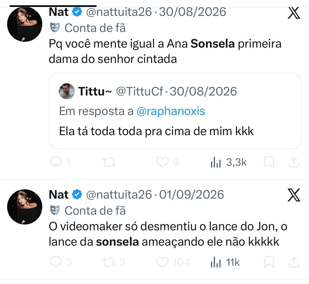 esterrochavidal's tweet photo. @odoricors 
“Diva” fala isso sobre quem vc diz ser amg? Kkkkkkk
Imagina aí, @odoricors , quem é a “sonsela” e a “Neymara” para @nattuita26 …? https://t.co/yR8CY4EBTl