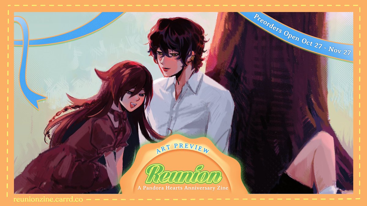 jellykittn's tweet photo. i am so excited to share my preview for the pandora hearts reunion zine hosted by @pheartszine !! i drew our lovely main trio <3 preorders open next month :] https://t.co/XwHrp4v5MK