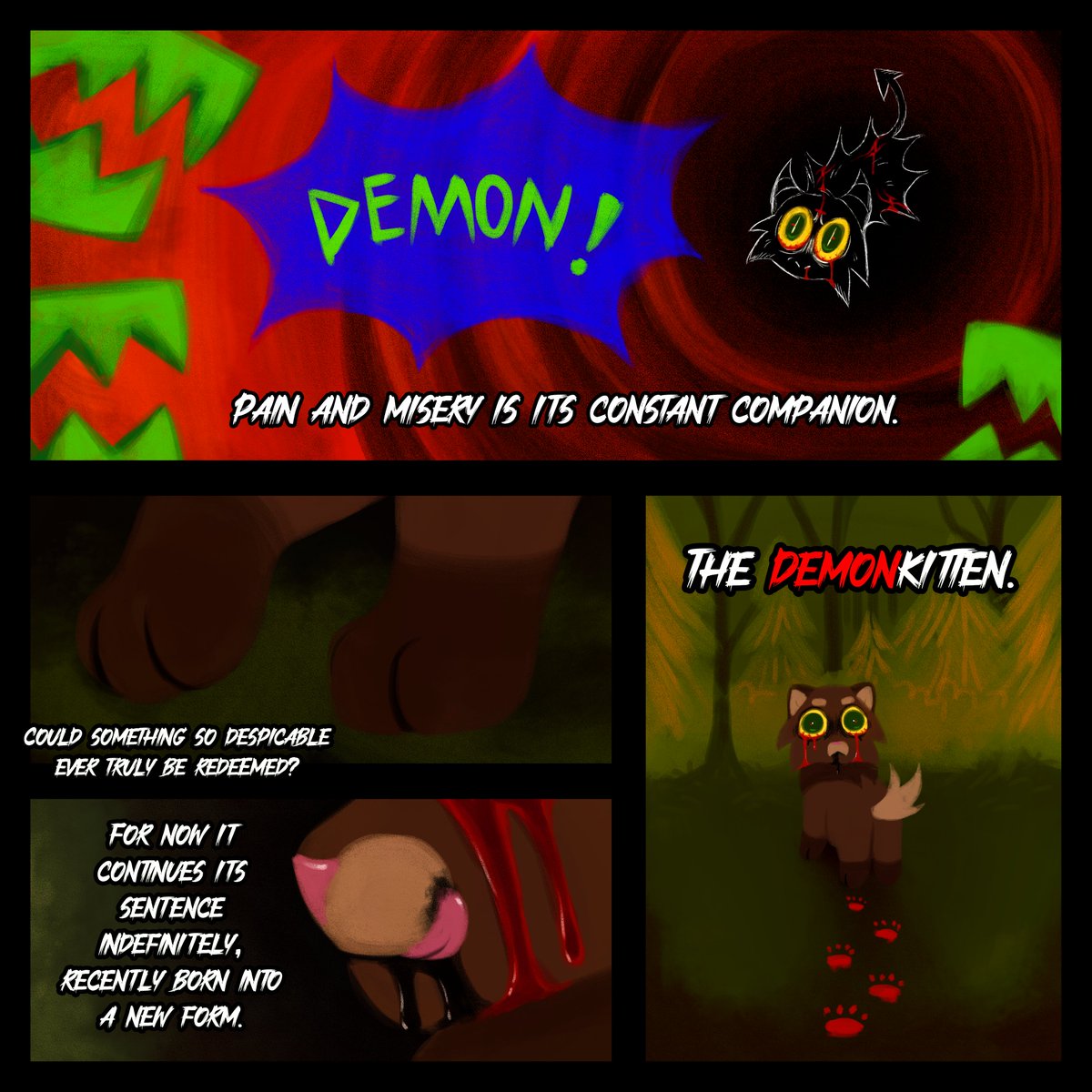 iamfabiloz's tweet photo. A Demonkitten’s Tail #0 - Origins 
Reording the issue count so it makes a bit more sense, but huzzah more Mulchkit Demon backstory!! i love her but she is dastardly and not a good soul..
also I'll be taking a break from mulchkit monday in october to try and build up my queue :] https://t.co/rihRYAQSBJ