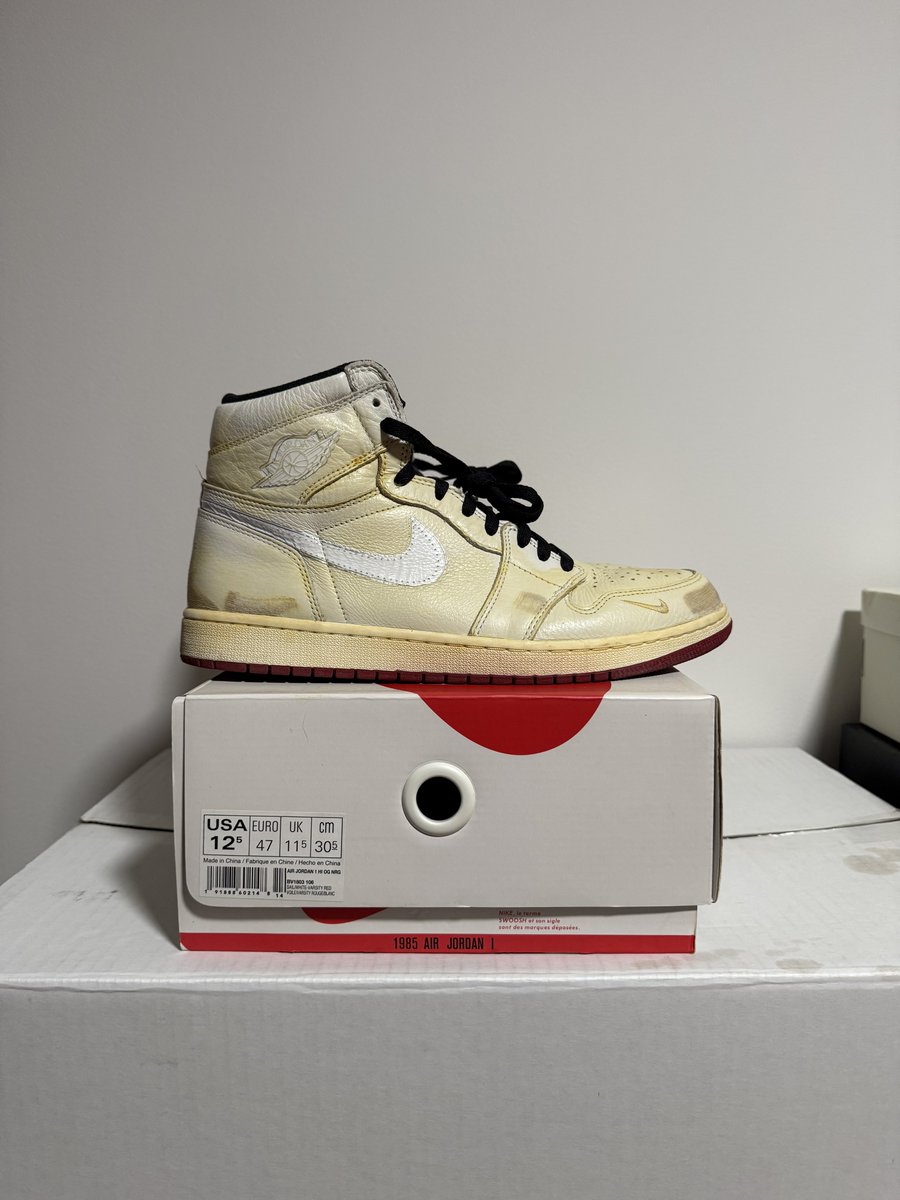 jordankeyser's tweet photo. These are a bit tight and there’s a lightly worn size 13 on Goat I want to grab so I’m putting these up for grabs. 

FOR SALE

Nigel Sylvester AJ1 High 
Size 12.5
Light worn maybe 3-5 times
Comes with OG Box and Laces

$400 shipped(gifted) https://t.co/j5FyiUdFLb