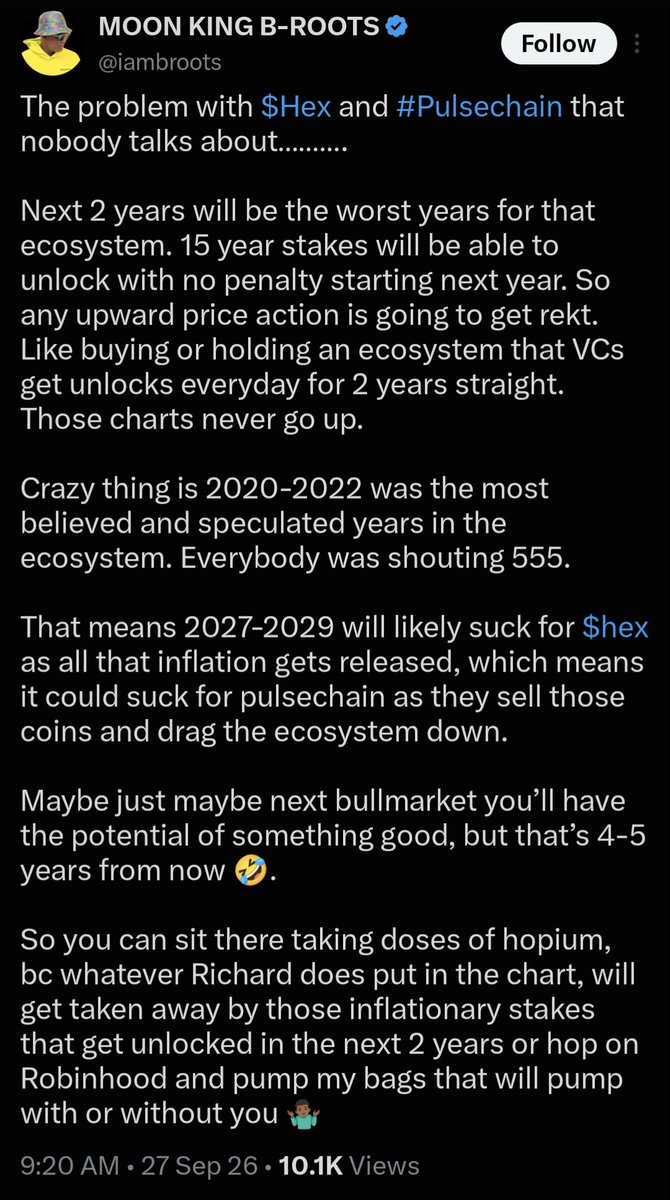 HEXagon720's tweet photo. The "15‑year stakes unlock with no penalty next year” take is peak halfway‑mark confusion and makes it obvious this dude doesn’t understand the HEX smart contract, shocker.

Halfway only protects principal. You still lose your entire Big Pay Day (BPD) bonus and all first‑half yield because BPD sits early in the stake and gets wiped by the EES math. Calling that “no penalty” is just ill‑informed.

HEXicans actually read the contract.

HEX isn’t a VC vesting chart, there’s no forced unlock window, no scheduled inflation dump, and nothing in the code that auto‑releases stakes. Inflation only appears if someone chooses to end. And anyone still holding a 5555‑day stake after five years of nonstop FUD is almost certainly not eager to take a massive penalty, mostly true believers left at this point.

Honestly, if anyone is foolish enough to follow the Mocking Moon King and take his misread as gospel, exit, or not participate, that’s bullish for HEX. 

He’s the king of promoting tragedy‑of‑the‑commons PvP takes.

Dude is literally taking the trash out with him as he hits the door ✌️