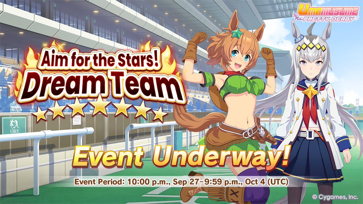 umamusume_eng's tweet photo. Event Underway! 🥕

An Aim for the Stars! Dream Team event is now available!

Build the ultimate team to earn rewards including Crystal Shards and Scout Tickets!

#Umamusume https://t.co/dXmXxLPdCZ