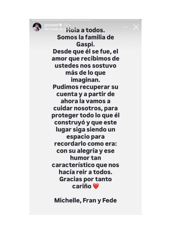 porqueTTarg's tweet photo. "Gaspi"

Porque su familia anunció que pudo recuperar su cuenta de Instagram y que el espacio será utilizado para honrar su legado. https://t.co/1nhh8uQ5Gn