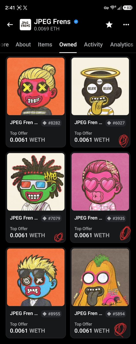 0xJa81's tweet photo. People are saying that @wearejpegfrens will be one of the big runners this Bull Run. I priced the 4 on the left as if it is coded and confirmed.🫡 

"TAKE THE ACTION, AND IT IS SO."💫

To the right, the 4 with red on them are forever home with me. It is the simplicity and well thought coordination of art with each piece that catches my eye. Rarities are cool but finding what you resonate with is cooler. 💯

#TheArtFcks