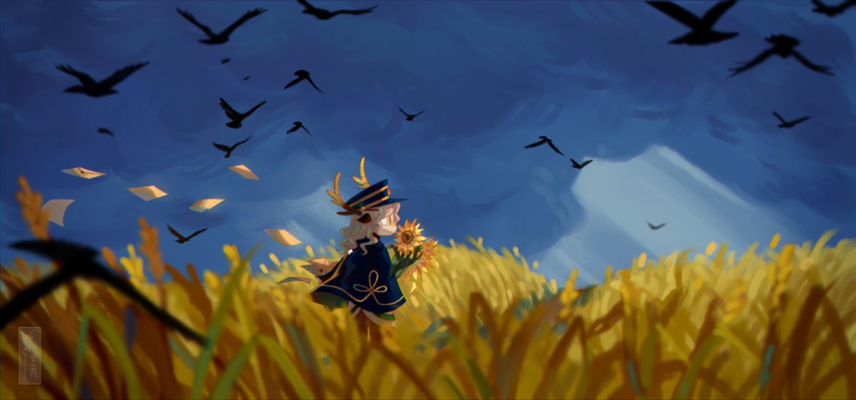 grey_owl22's tweet photo. As Dear Van Gogh draws to end, I wanted to draw something to remember it inspired by the Wheatfield and the Crows 🐦‍⬛🌻

My skykid as a postman on the way to reflect and remember the 3 van Goghs 🌻🌻🌻❤️

#thatskygame
#skycreatortroupe 
#dearvangogh https://t.co/4YKLhjzs5O