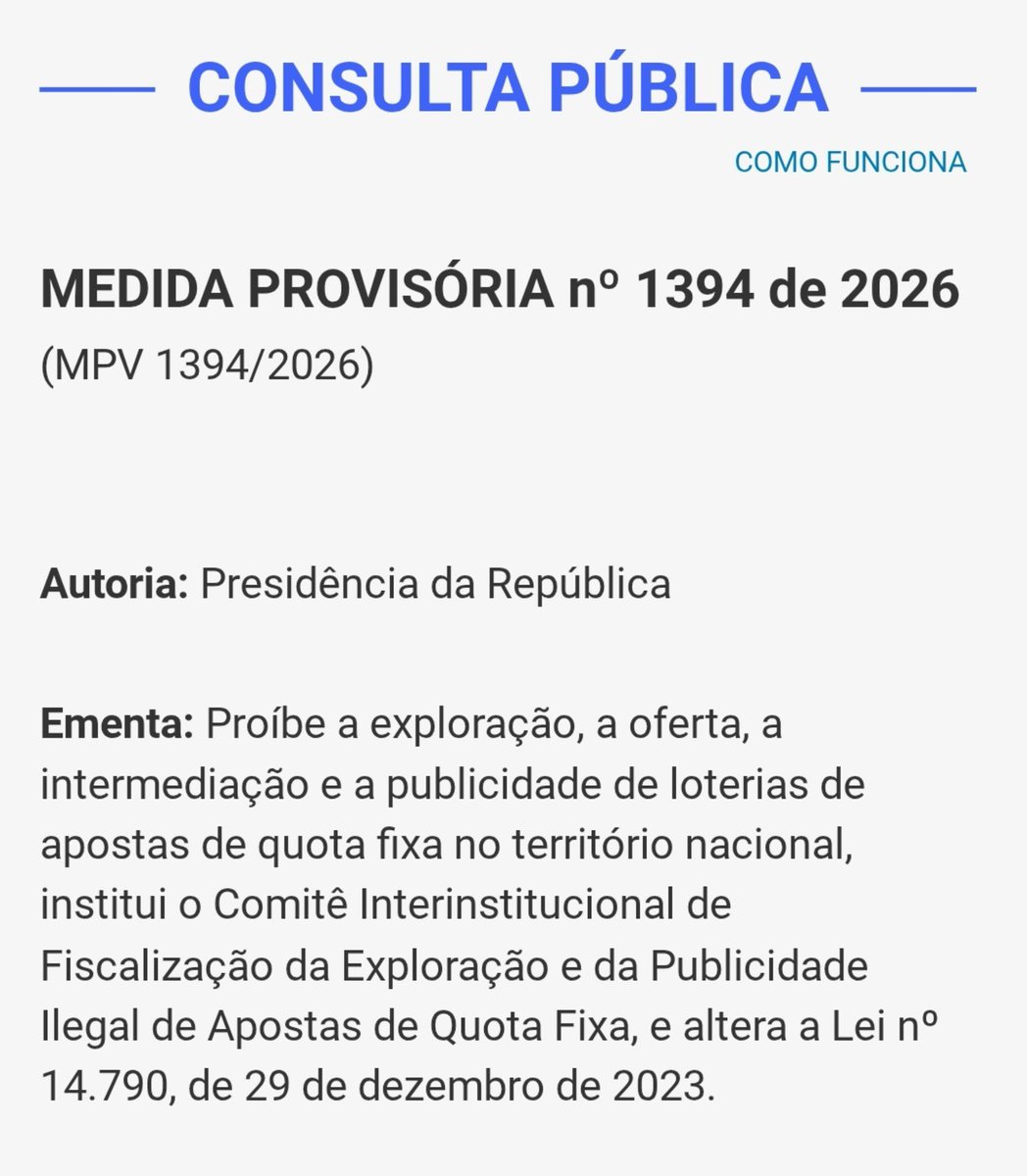 BTSProjectBR's tweet photo. 🚨 ATENÇÃO, ARMY! 

Está aberta no Senado a consulta pública sobre a MPV 1394/2026, que propõe o fim da exploração, oferta, intermediação e publicidade das apostas de quota fixa (“bets”) no território nacional.

🗳️ Na consulta, votar SIM significa declarar apoio à proposta de PROIBIÇÃO das bets.

RT para espalhar para mais pessoas 

Link da votação: https://t.co/4DvSaM1svt