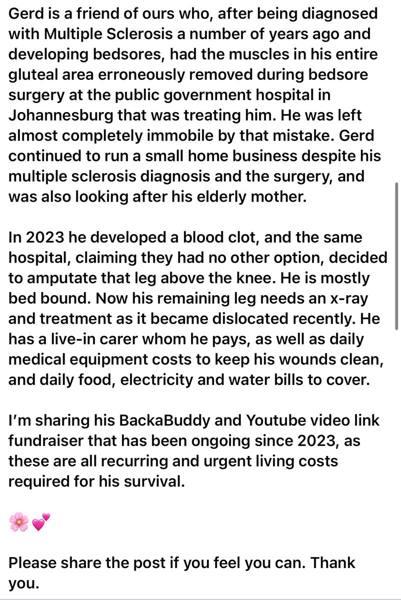 vanzactresor's tweet photo. After being diagnosed with Multiple Sclerosis a number of years ago and developing bedsores, had the muscles in his entire gluteal area erroneously removed during bedsore surgery at the public government hospital in Johannesburg that was treating him https://t.co/xnubSdmBJM https://t.co/EE2k1PNNtV