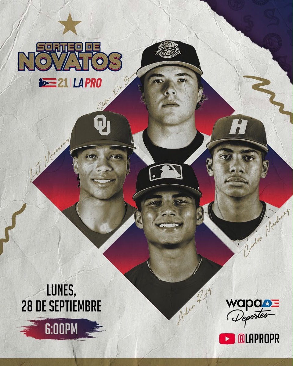 LBPRC's tweet photo. Mañana, lunes, llega el Sorteo de Novatos 2026. Conoce quiénes serán las próximas figuras en dar el salto a nuestra liga. 🇵🇷🔥

📅 Lunes, 28 de septiembre
⏰ 6:00 p.m.
📺 WAPA Deportes
▶️ YouTube: @LaProPR https://t.co/P8Uknd1C08