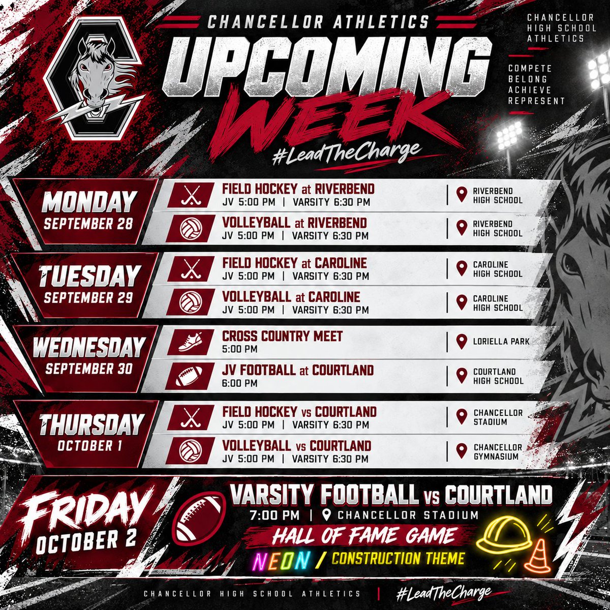 ChancellorCharg's tweet photo. Another busy week for the Chargers. ⚡
MON — 🏑🏐 @ Riverbend
TUE — 🏑🏐 @ Caroline
WED — 🏃 XC + 🏈 JV Football
THU — 🏑🏐 vs Courtland
FRI — 🏈 vs Courtland | Hall of Fame Game
🚧💡 Neon / Construction Theme Friday night.
#LeadTheCharge https://t.co/Q4cZvqRNoL