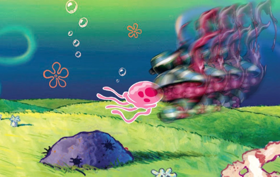 Restless_Chase's tweet photo. Vreeeeee!!!

*nearby, a small creature would unexpectedly lunge at the jellyfish that the yellow sponge was chasing* https://t.co/CNs1f4Esjq