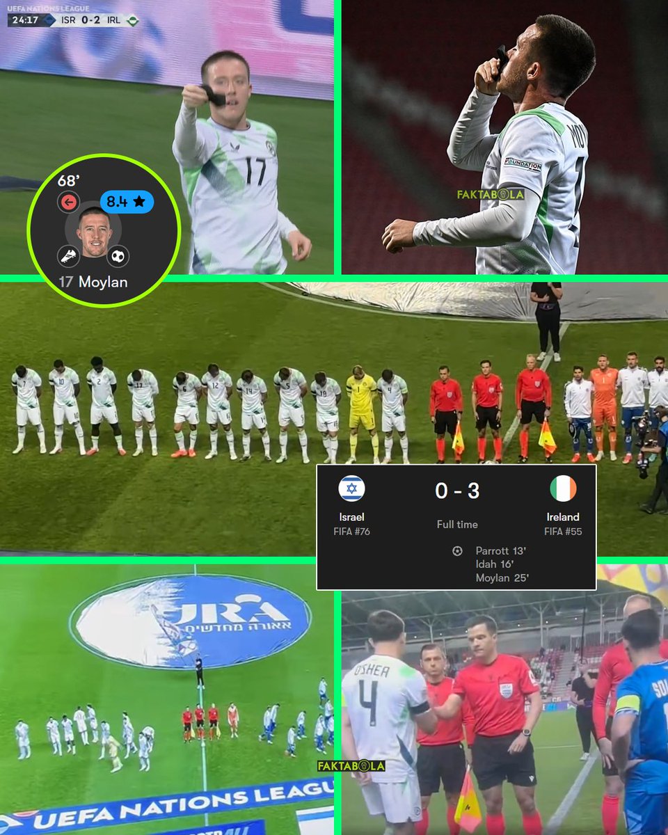 FaktaSepakbola's tweet photo. Irlandia menang 0-3 lawan Israel. Pemain Irlandia memakai ban lengan hitam, dan menunduk saat tim lawan menanyikan lagu anthem.

Pemain Irlandia juga tidak mau salaman antar tim, dan kapten Irlandia tak salaman dengan kapten lawan saat undian koin.

Jack Moylan berhasil cetak 1 gol + 1 assist. Saat cetak gol ia menunjukkan ban hitam dan mencium nya.

Sebelumnya kiper Irlandia, Gavin Bazunu, juga mengumumkan menolak bermain di laga ini.