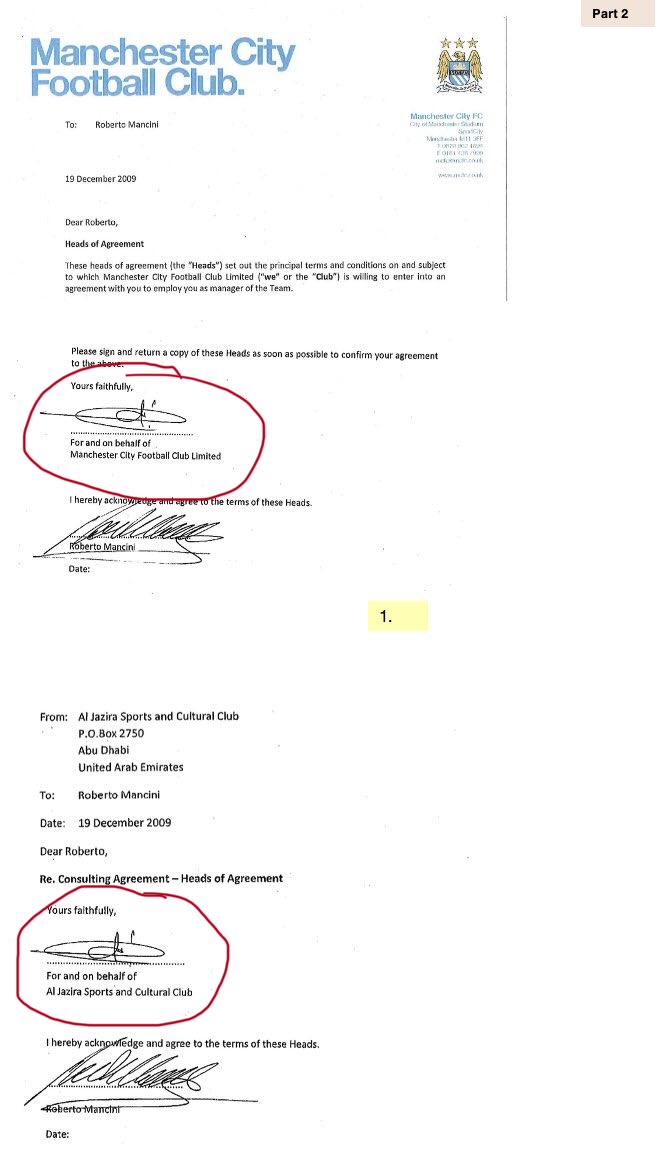 themagic_tophat's tweet photo. I see Mancini has piped up and admitted that there was a “double contract” but it’s “their [City’s] problem” and not his 😂

Details on the evidence below

Fun fact, both contracts were signed on the same day by the same person on behalf of both, supposedly separate, entities https://t.co/2XWuA3Smi0