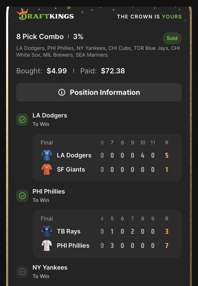 demkidsofmine's tweet photo. @DraftKings I had 8 pick $5 for $154 the Yankees don’t play &amp; after getting the other 7 correct you give me $72 when getting 7 correct was paying $132 !! It says sold but I didn’t sell anything I let it play out so can you explain to me what happen? https://t.co/ndS8yxzmLO
