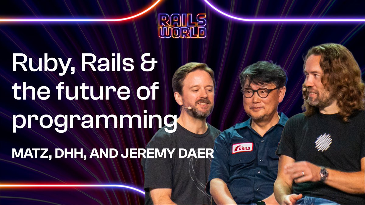 rails's tweet photo. One of the main questions we are facing: what does it mean to be a Rubyist when agents write the code?

At #RailsWorld 2026, @dhh and @yukihiro_matz sat down with Jeremy Daer (@37signals) to talk about the shift from software writer to software maker, why taste and joy still matter, Matz's new #Spinel compiler, and who looks after the foundations that AI makes invisible.

Watch the full discussion here: https://t.co/TXWte2Ni2h