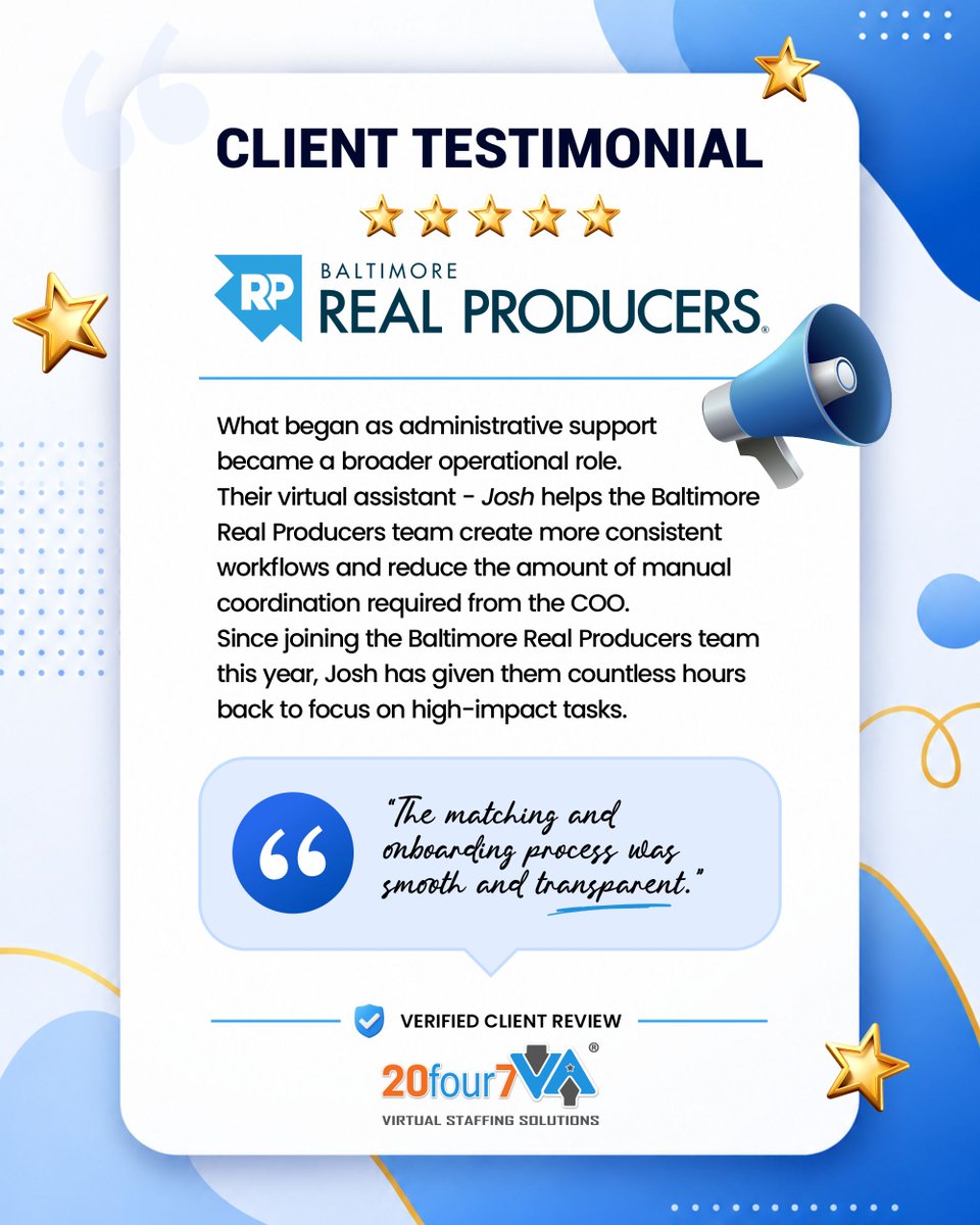 20four7VA's tweet photo. ⭐ Real support. Real results.
For Baltimore Real Producers, the right VA meant more than administrative help. It meant greater efficiency, smarter workflows, and more time to focus on growth.

#ClientTestimonial #BaltimoreRealProducers #VirtualAssistant #20four7VA https://t.co/VpEc800BsS