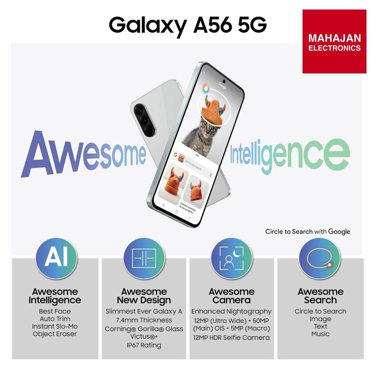 AnnetteMckqh2's tweet photo. Experience the Samsung Galaxy A56 5G with lightning-fast connectivity, an elegant Awesome Light Gray finish, 12GB RAM, and 256GB storage. Enjoy Circle to Search, Intelligent Editing, 6 years of security updates, and IP67 protection for just ₹46, https://t.co/ijgHZq46bX