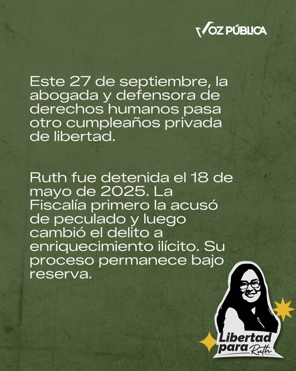 VozPublicaVP's tweet photo. Ruth López cumple años tras 497 días privada de libertad y todavía sin juicio.

La abogada y defensora de derechos humanos fue detenida el 18 de mayo de 2025. Su proceso permanece bajo reserva y su familia ha expresado preocupación por el deterioro de su salud.

Organizaciones como @Cristosal y organismos internacionales han cuestionado su detención y solicitado al Estado salvadoreño medidas para proteger sus derechos.
