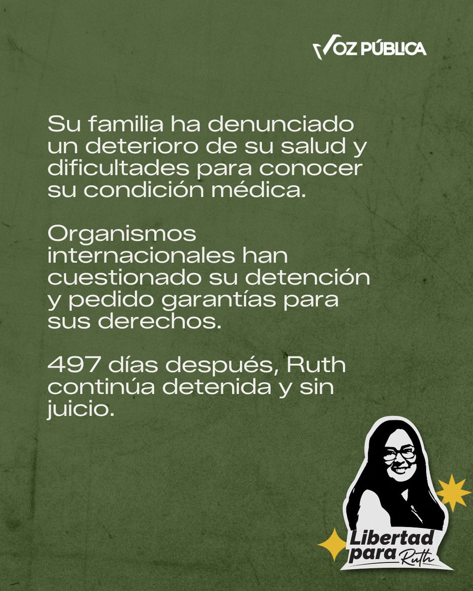 VozPublicaVP's tweet photo. Ruth López cumple años tras 497 días privada de libertad y todavía sin juicio.

La abogada y defensora de derechos humanos fue detenida el 18 de mayo de 2025. Su proceso permanece bajo reserva y su familia ha expresado preocupación por el deterioro de su salud.

Organizaciones como @Cristosal y organismos internacionales han cuestionado su detención y solicitado al Estado salvadoreño medidas para proteger sus derechos.