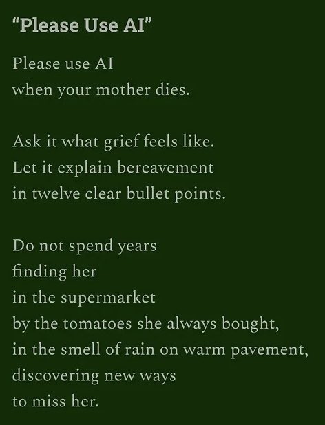 DarinaNiC's tweet photo. "Please Use AI" !!!!
Poem by Jo Atkins-Potts https://t.co/CL6TWLE1qa