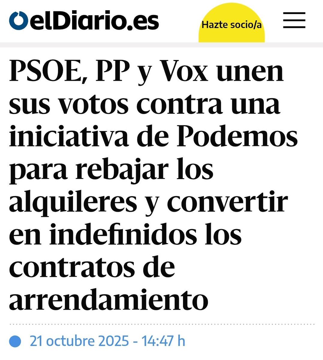 Scarlett_GJ's tweet photo. 2 veces ha tumbado el PSOE junto a PPVox la propuesta de Podemos de alquileres indefinidos: octubre 2025 y abril 2026.
Evitaría que cada 5 años apliquen subidas abusivas. Sólo se rompe por incumplimiento o que el dueño la necesite para sí o su familia.
Hasta Reino Unido lo hizo https://t.co/QAKBjhl0tV