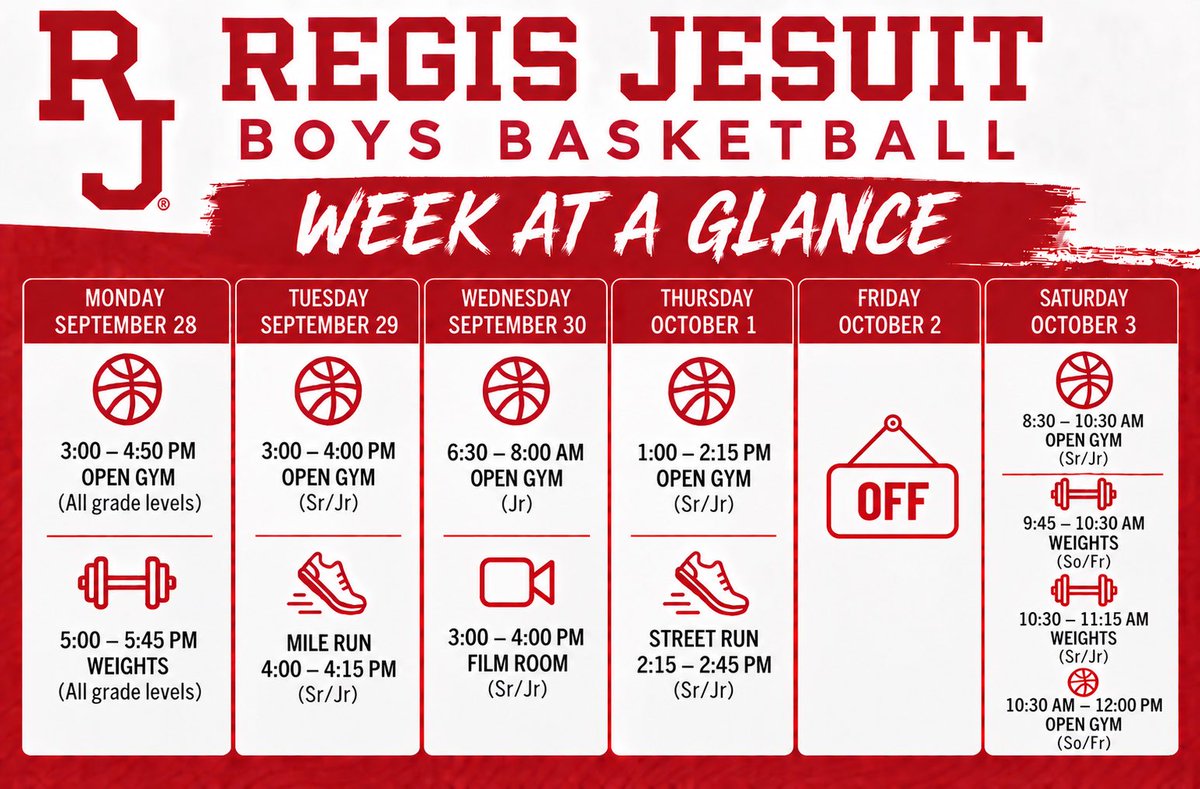 regisjesuitbbb's tweet photo. Weekly schedule is out! Lots of happenings around campus so we will adjust accordingly. #AMDG #GoRaiders https://t.co/M9fbGZIrpe