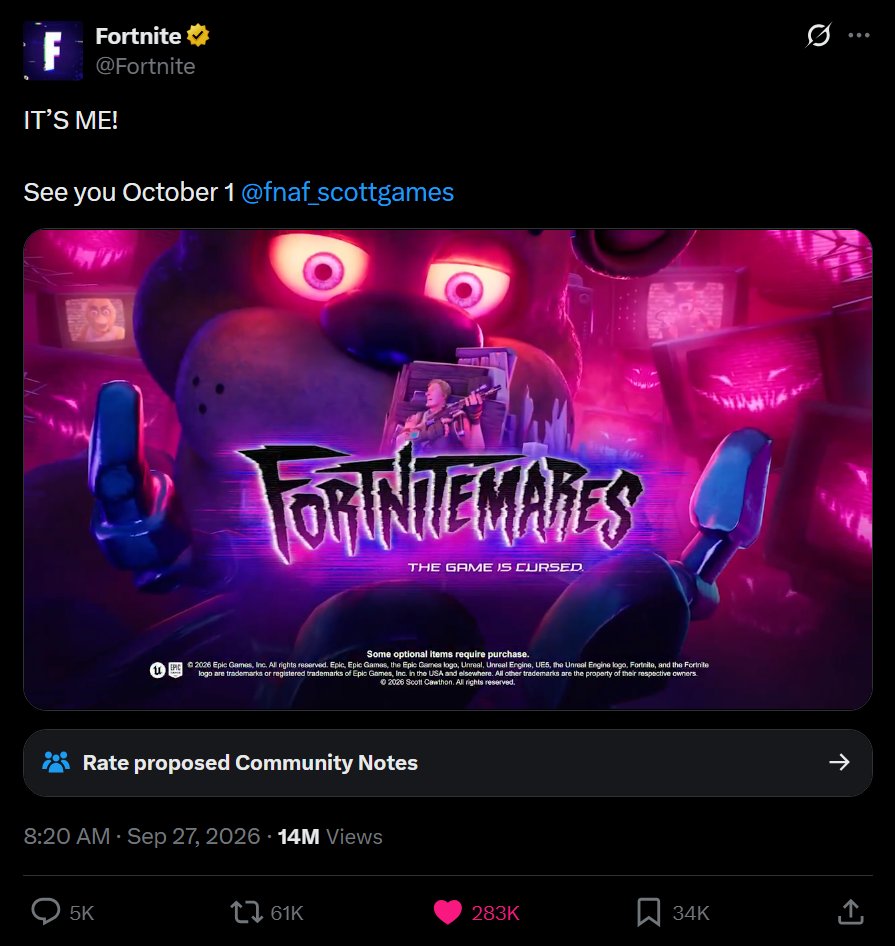 FireMonkey's tweet photo. Five Nights at Freddy's x Fortnite is now Fortnite's most liked tweet of all time.

Surpassing Dragon ball x Fortnite in 9 hours and 18 minutes. https://t.co/MnWevbIi5I