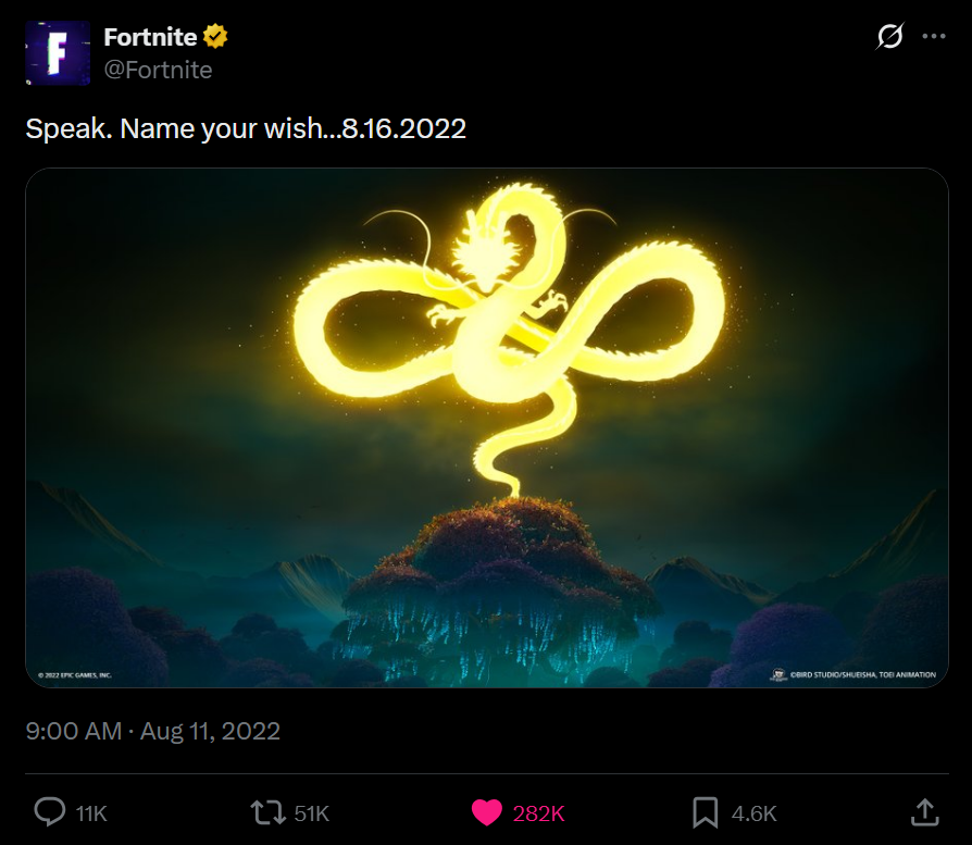 FireMonkey's tweet photo. Five Nights at Freddy's x Fortnite is now Fortnite's most liked tweet of all time.

Surpassing Dragon ball x Fortnite in 9 hours and 18 minutes. https://t.co/MnWevbIi5I