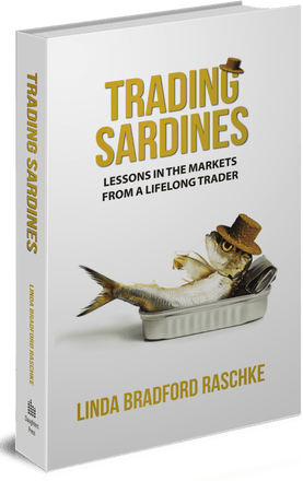 The image shows the book "Trading Sardines: Lessons in the Markets from a Lifelong Trader" by Linda Bradford Raschke, featuring a sardine wearing a cowboy hat in a sardine can on the cover. The image directly corresponds to the post, announcing the book's return to stock on Amazon in the U.S. and its new print-on-demand availability for international readers.