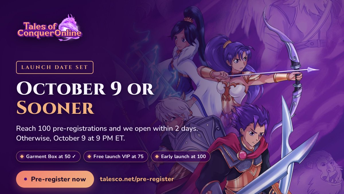xir0dev's tweet photo. 📅 Launch date: October 9 or sooner, and sooner is up to you.

The moment we reach 100 pre-registrations, Tales of Conquer launches within 2 days. We passed two thirds of the way in our first week. If we somehow fall short, the gates open no later than October 9 at 9 PM ET.

Every pre-registered player already has a Garment Box waiting at launch. 75 adds free VIP for the first three days, and 100 opens the gates early.

Pre-registering takes two steps: verify your email and link your Discord. Bring a friend and launch day comes sooner.

#ConquerOnline #TalesCO #MMORPG