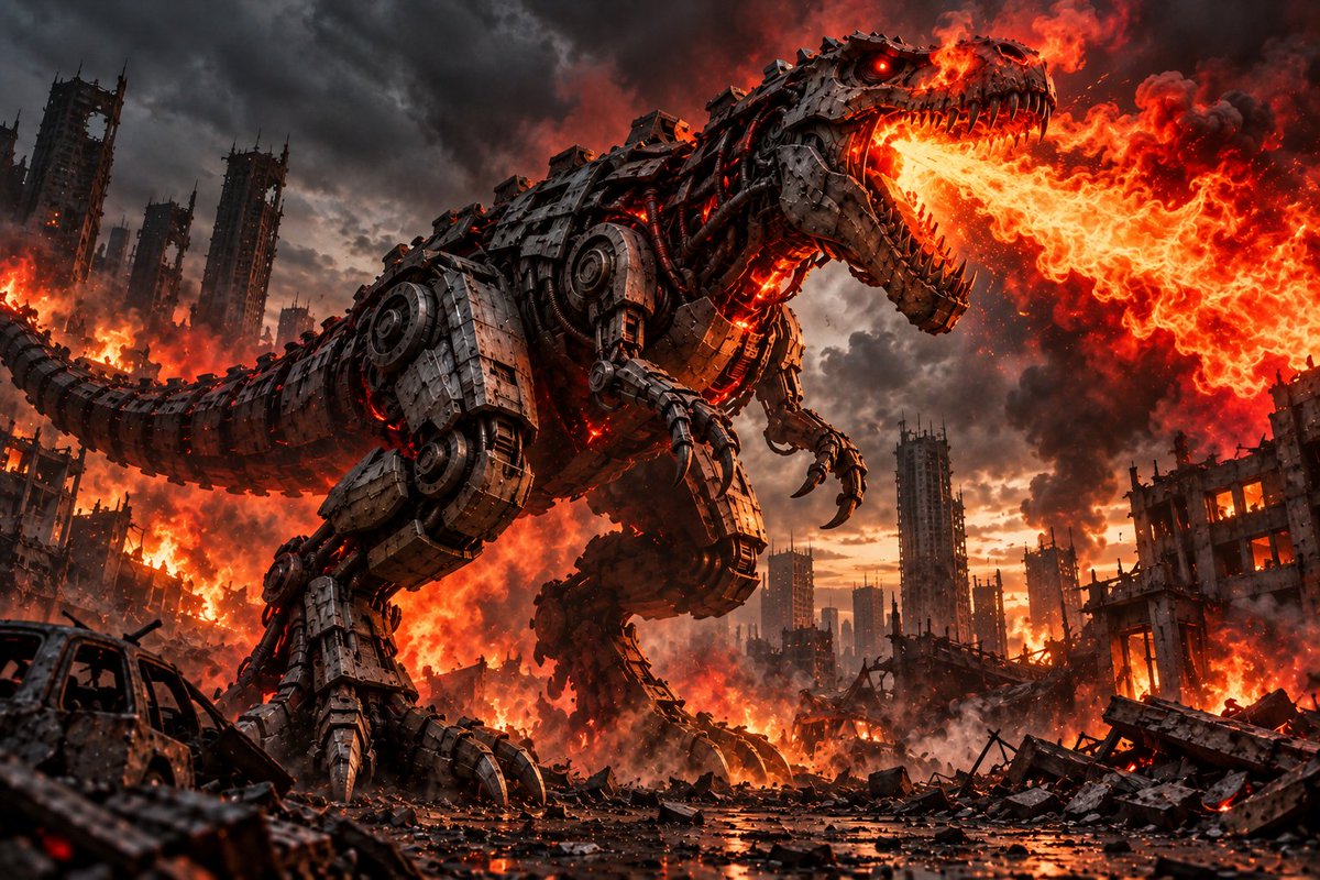 darkesthour88's tweet photo. #mechanical #JurassicPark #Dinosaurs #flames #city #ruins https://t.co/MdGzk1RQ2m